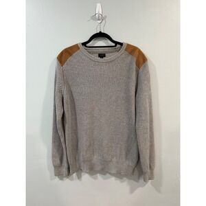 J.Crew Mens Gray Cotton Sweater Crewneck Pullover Leather Shoulder Patches L